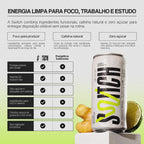 Arte informativa da Switch com o título “Energia limpa para foco, trabalho e estudo”. A imagem apresenta os benefícios do produto, como foco, cafeína natural e zero açúcar, além de uma tabela comparando Switch com energéticos tradicionais. À direita, aparece uma lata de Switch com limão e gengibre ao lado.